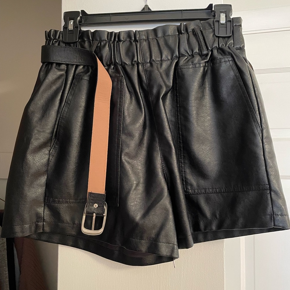 Faux Leather Shorts High Waisted Elastic Band Belted Shorts Flared Leg